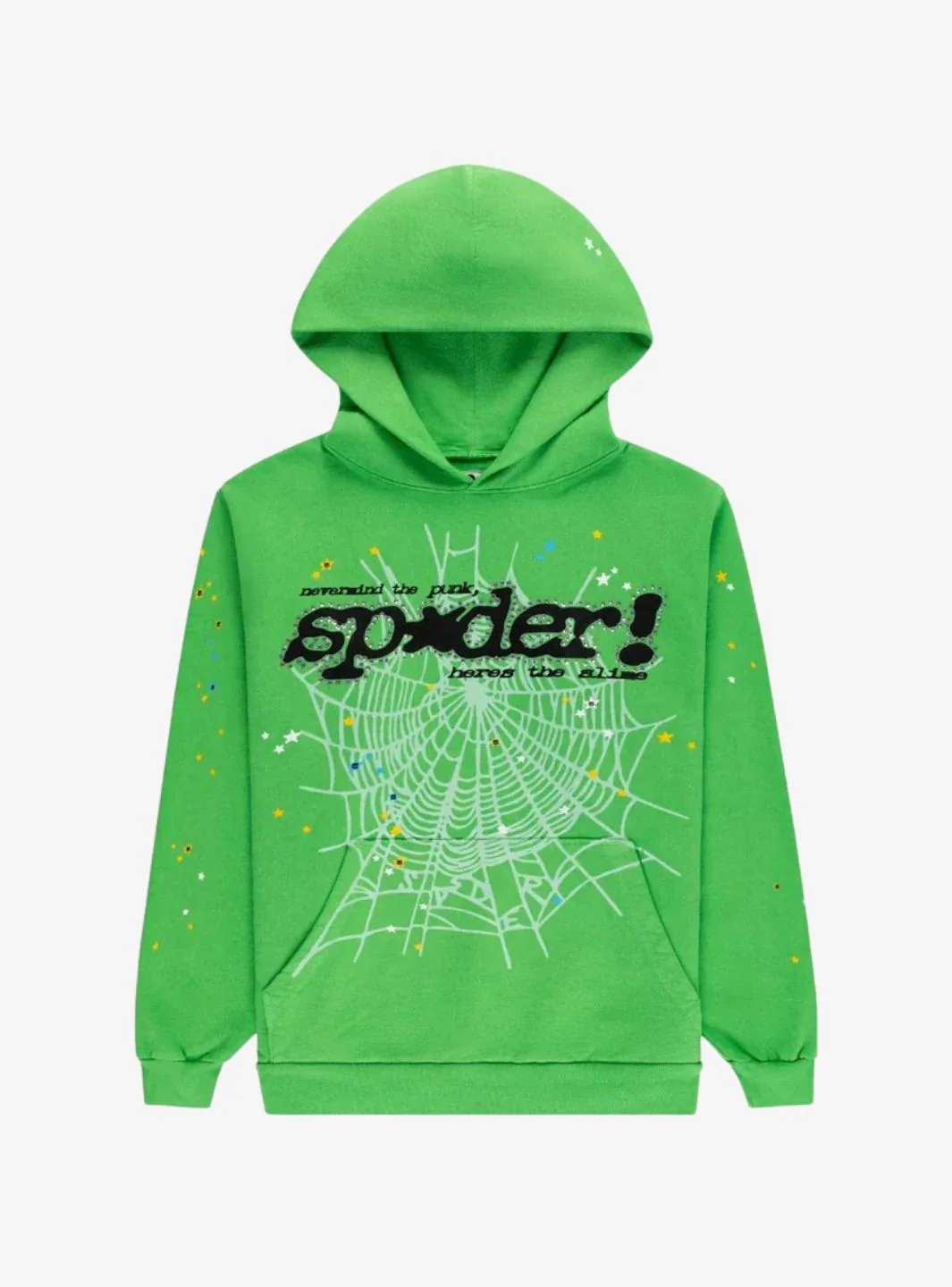 Sp5der Punk V2 Rhinestone Hoodie Bright Green