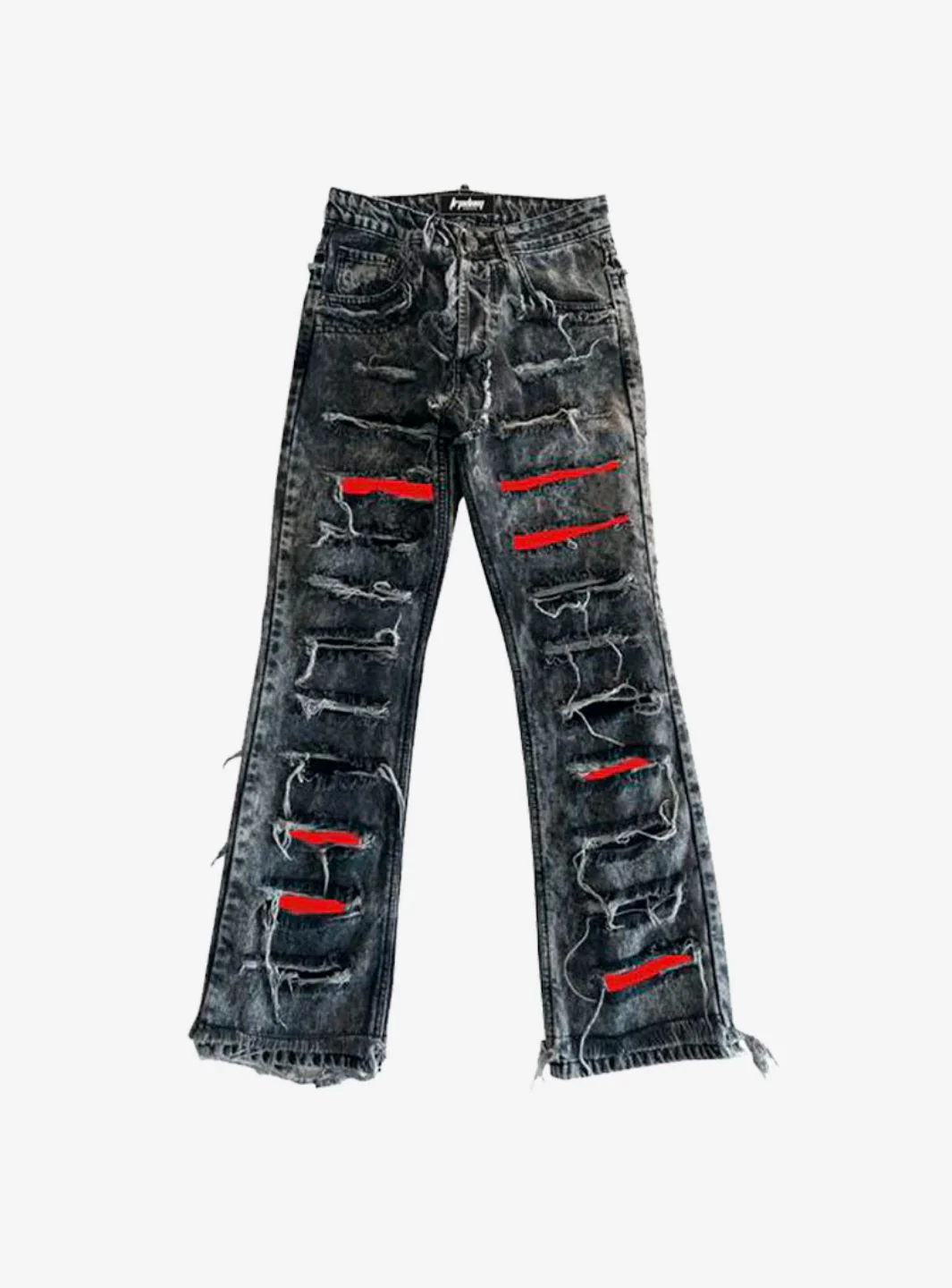 Trap Denim Red Print Ripped Flare Jeans